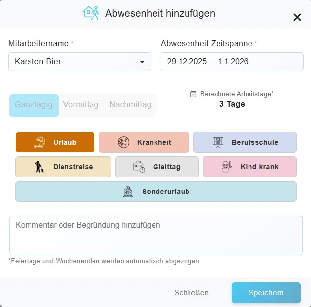 Abwesenheit hinzufügen Dialog