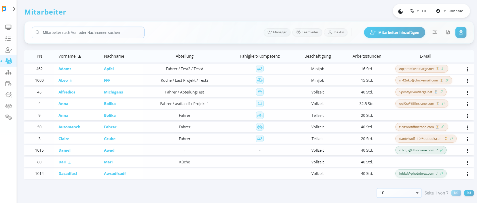 FixPlaner Mitarbeiterverwaltung - Übersicht aller Mitarbeiter mit Abteilungen und Skills