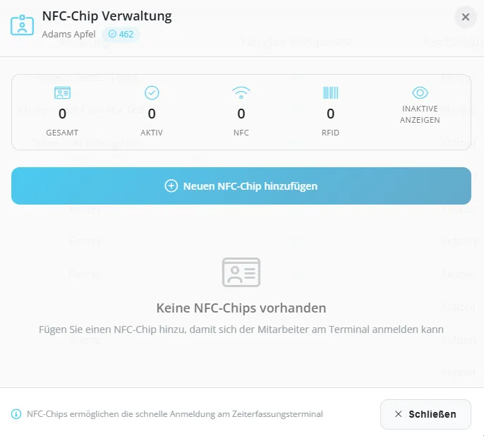 NFC-Chip Verwaltung für Terminal-Zeiterfassung