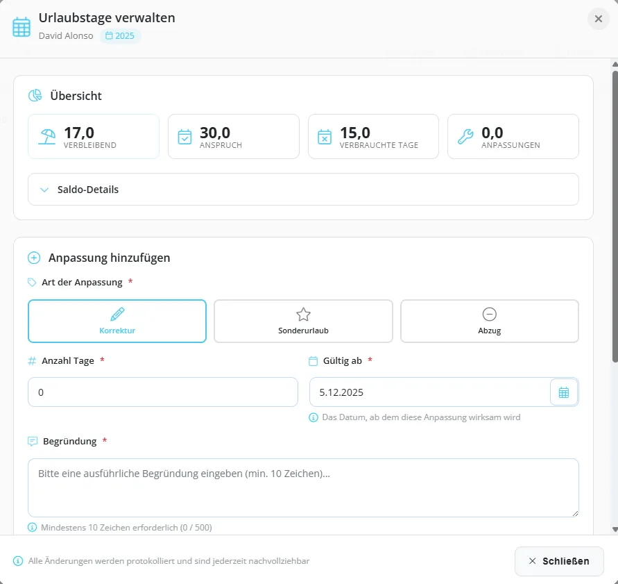 Urlaubstage verwalten mit Übersicht und Anpassungen