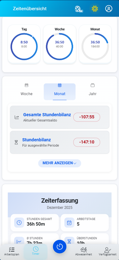 FixPlaner Mitarbeiter-App - Zeitenübersicht