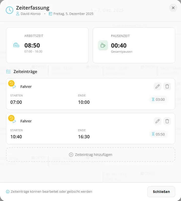 Zeiteintrags-Details mit Arbeitszeit und Pausenzeit